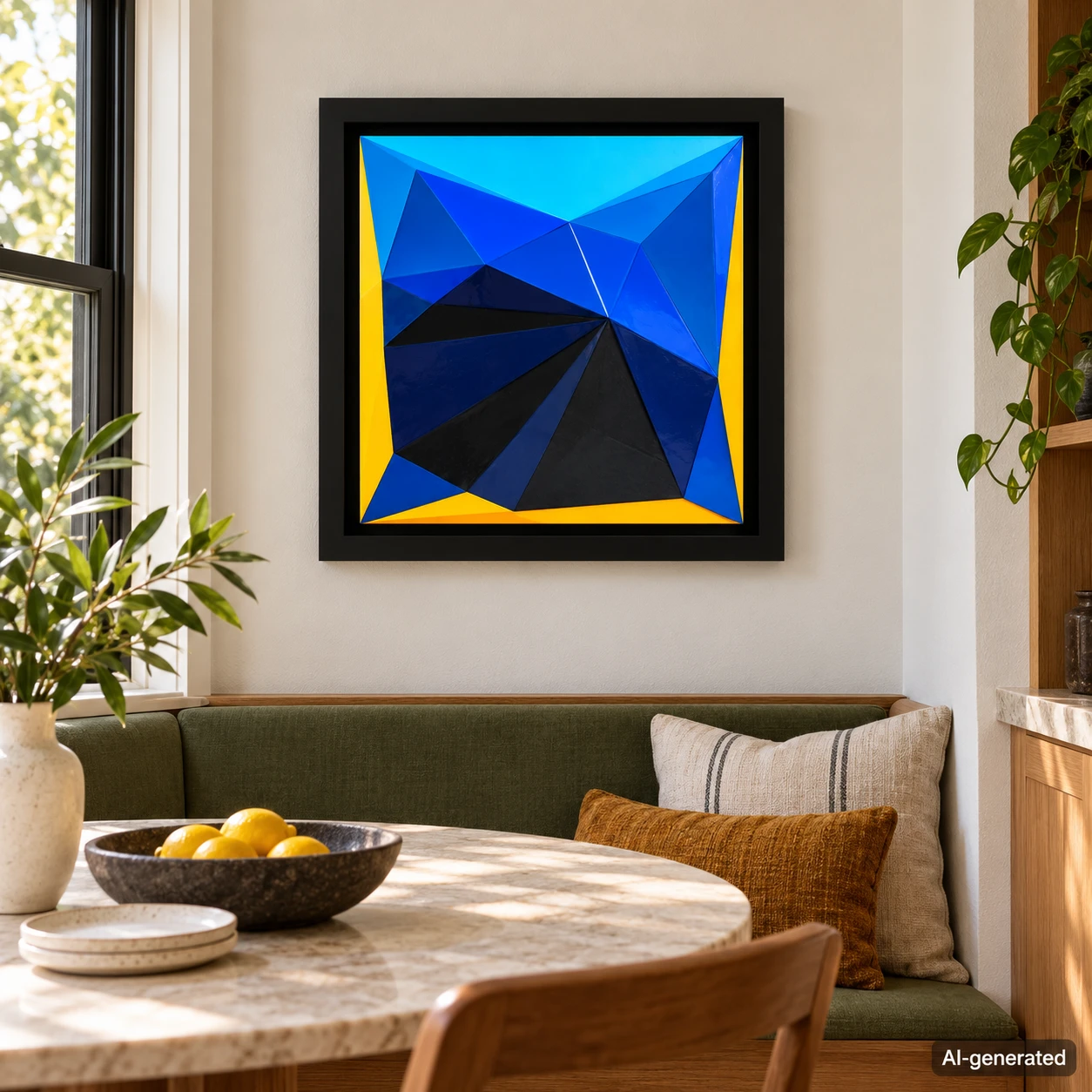 AI-generated interior mockup of Shallow Relief and Saturation in a dining nook