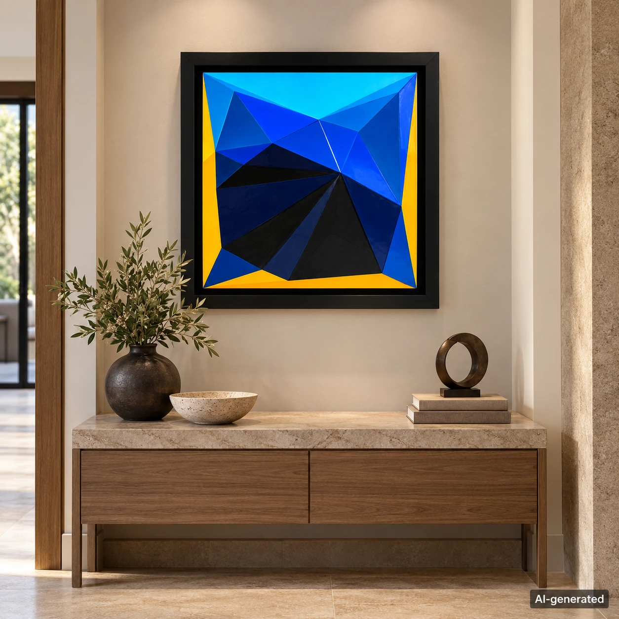 AI-generated interior mockup of Shallow Relief and Saturation in a entry alcove