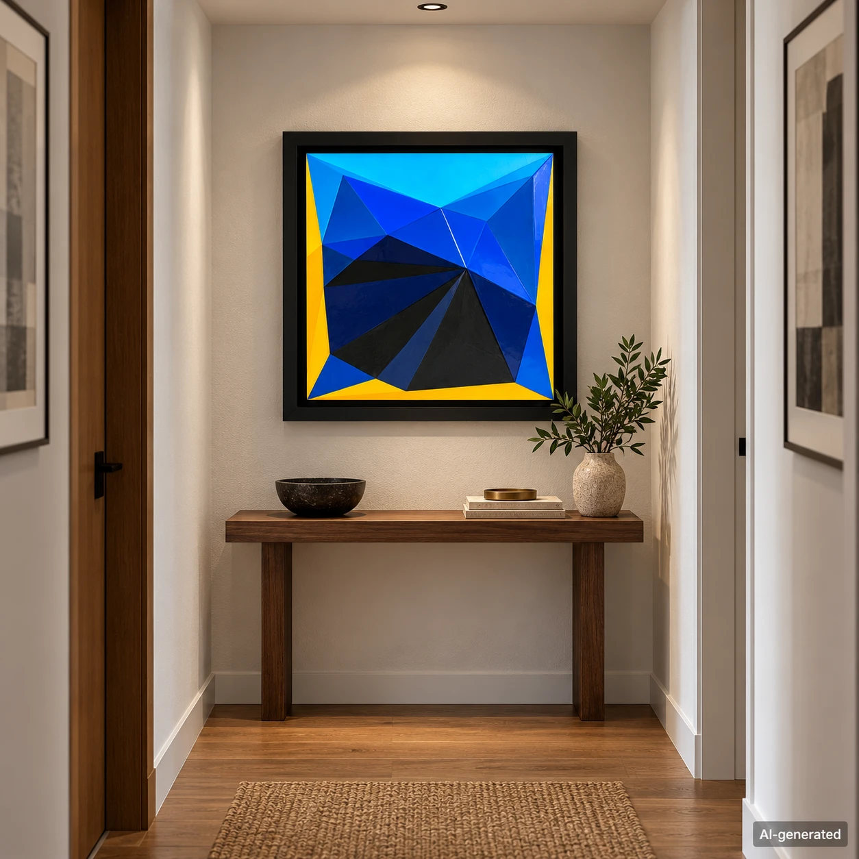 AI-generated interior mockup of Shallow Relief and Saturation in a hallway