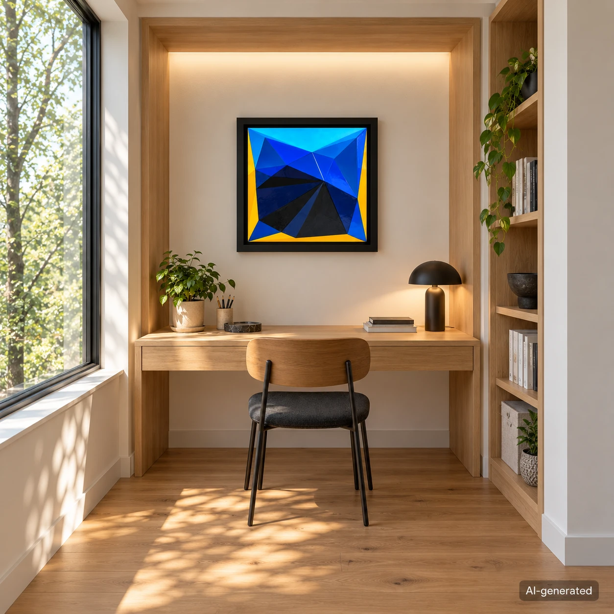 AI-generated interior mockup of Shallow Relief and Saturation in a study nook